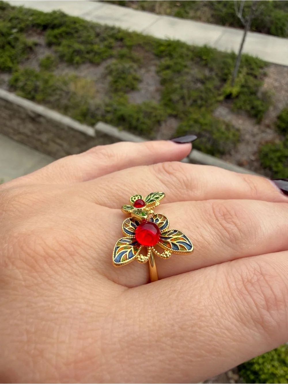 Gold Butterfly Ring with Red and Green Enamel Accents